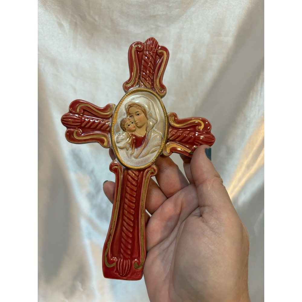 Ceramic Wall Cross Virgin Mary Christ Child Red Gold Religious Vintage